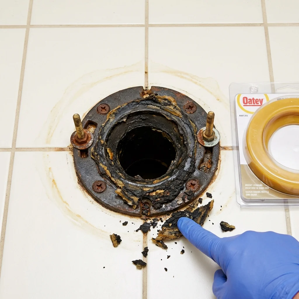 Failed wax ring showing water seepage at the base of a toilet in a Hermosa Beach, CA home