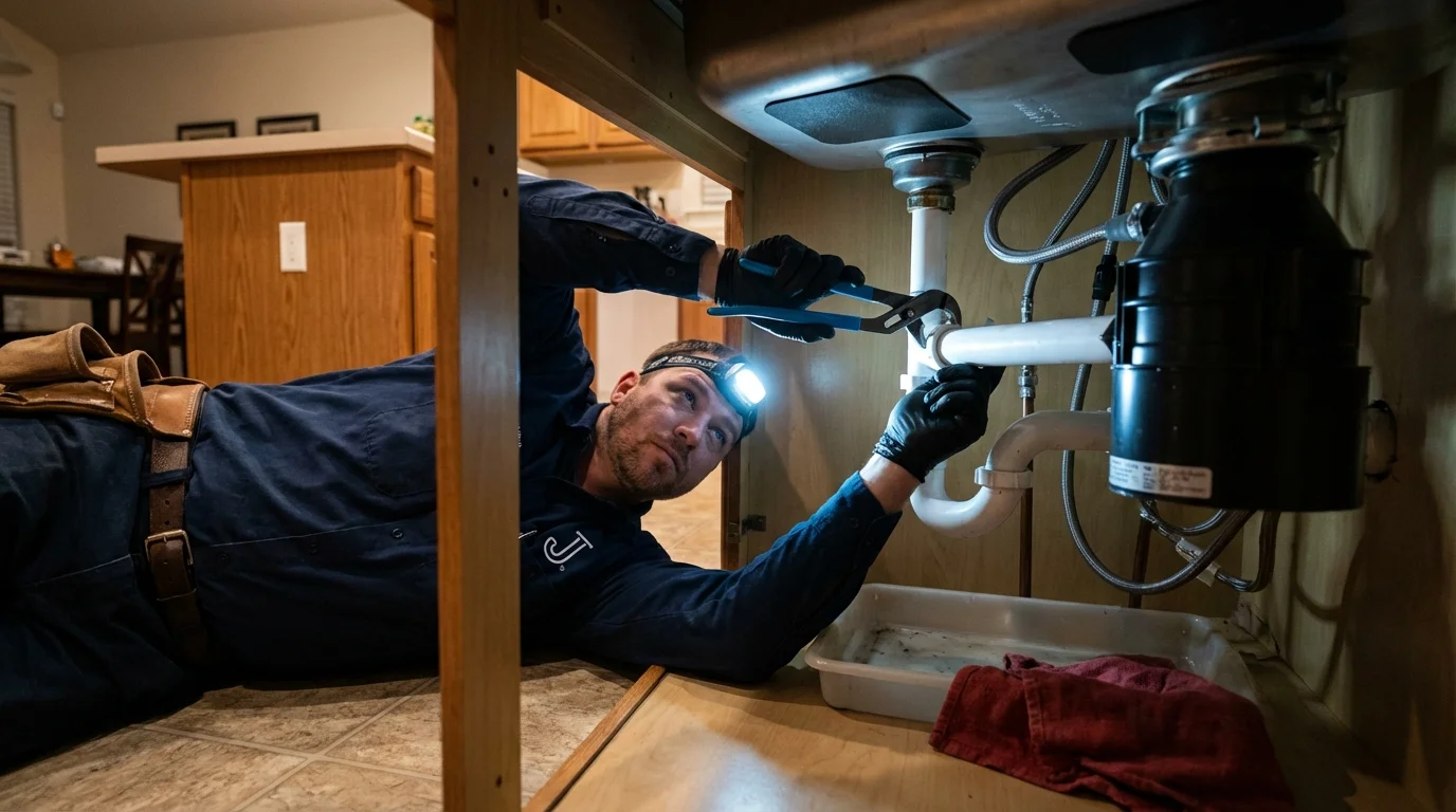 P-trap and supply line connections under a kitchen sink showing a common leak point in Hermosa Beach, CA